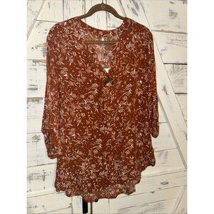 Kaktus Art To Wear Burnt Orange Floral Brass Tunic Top, Blouse Women’s, Size M